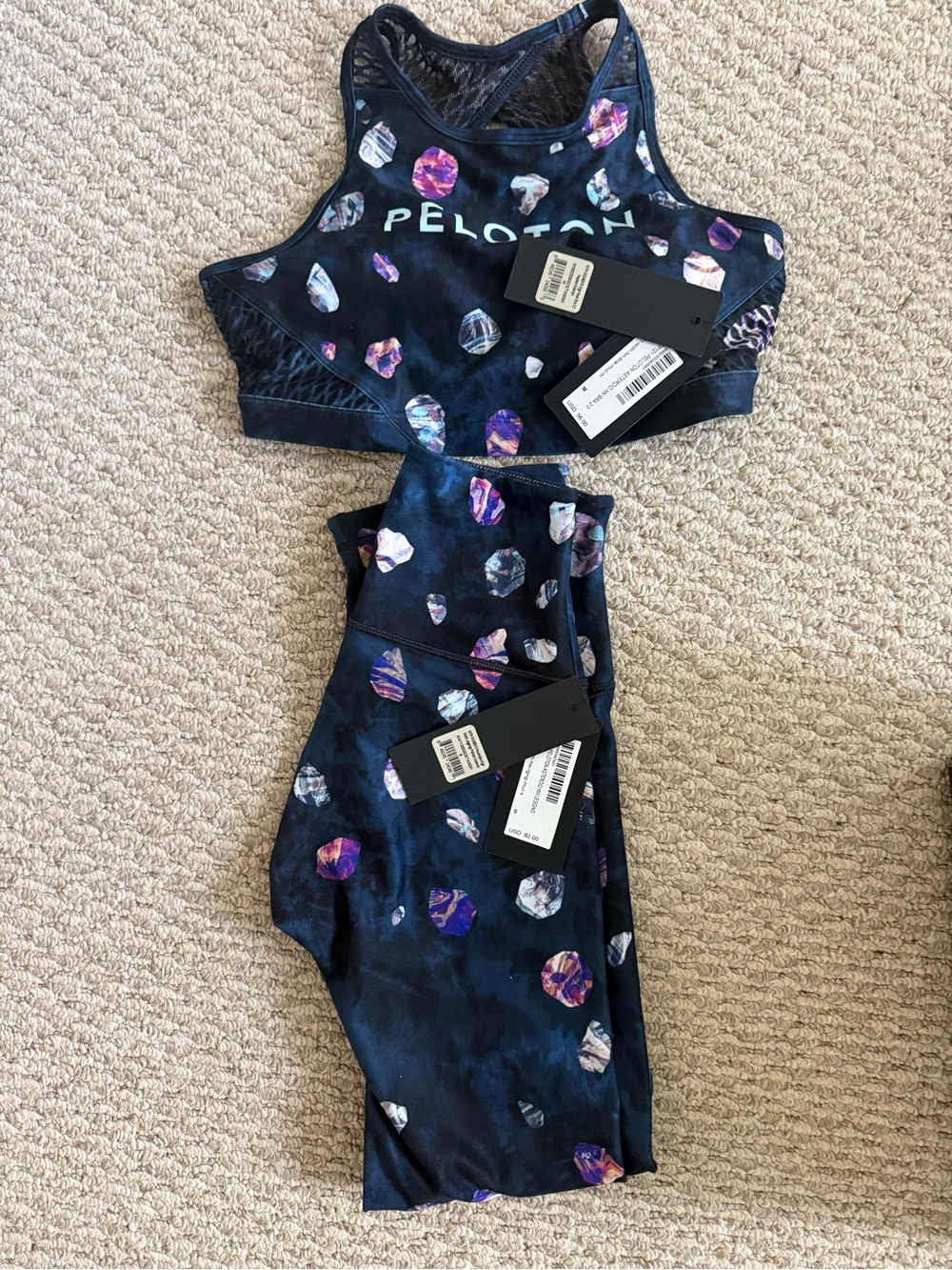 Peloton Women’s Navy Active Set w/ Purple & Pink Gem Print-Top (MD) Bottom (SM)